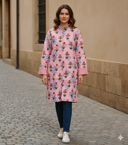 Chaqueta Acolchada de Algodón con Botones, Decoración Floral Estampada, 2 Bolsillos, Mangas Largas, Abrigo Transpirable para Otoño/Invierno/Primavera - Product Image 1