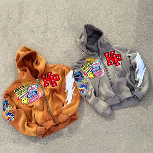 Sudadera con capucha lavada vintage de mezcla de algodón pesado con cremallera personalizada para hombre con apliques bordados con parches - Product Image 5