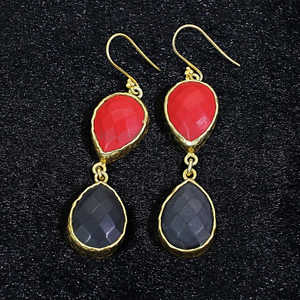 ต่างหูพลอยปะการังแดงสีดำโอนิกซ์ชุบทอง - Product Image 4