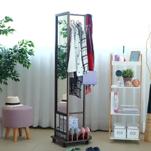 Modern <b>Standing</b> Full Mirror with Wooden Storage <b>Hanger</b> - Product Image 3