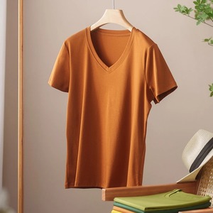 Camiseta básica de algodón para mujer, 100% algodón, manga corta, cuello en V, ajuste holgado, ecológico, negro, blanco, verano, moda informal - Product Image 6