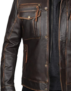 2024 <b>Men's</b> Stand Collar Classic Motorcycle Style Black Leather <b>Jacket</b> with Distressed Brown Cowhide Customizable Breathable - Product Image 2