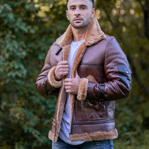 เสื้อแจ็คเก็ตหนังวัวสำหรับผู้ชาย, เสื้อโค้ทหนังแกะแท้ขนแกะสีน้ำตาล B3เครื่องบินทิ้งระเบิดมีซิปปิด Moto & แจ็คเก็ตนักขี่จักรยาน - Product Image 6