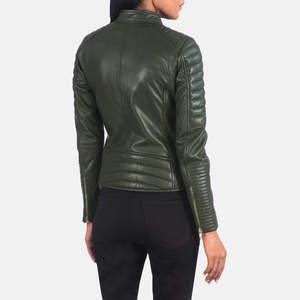 Custom Cowhide <b>Leather</b> Biker <b>Jacket</b> with Green <b>Suede</b> Quilting for Ladies - Product Image 5