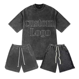 Ensemble t-shirt et short pour homme, noir, délavé à l'acide, surdimensionné, en coton mélangé, décontracté, été, deux pièces, logo personnalisé, streetwear - Product Image 1