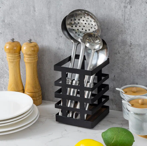 Top Selling Solid Wood Square Base Cutlery Holder Rustic Burnt Metal Black Finish Spoon Shape Kitchen Restaurant Cooking Tools - Product Image 6