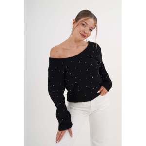 Pull noir brodé rose pour femme avec design dos nu, vente en gros - Product Image 5