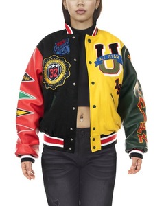 Chaqueta universitaria de cuero auténtico con letras de lana personalizada para hombre, chaqueta negra con parches y etiquetas de logotipos bordados en Color amarillo para M
