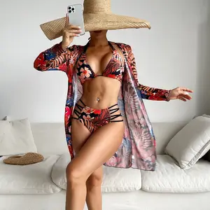 PASUXI-Maillot de bain bandeau imprimé pour femme, 3 pièces, maillot de bain bikini avec chemises de couverture, maillot de bain, vêtements de plage