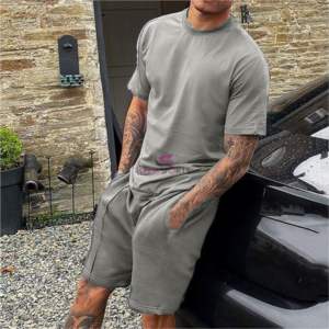 Conjunto de dos piezas para hombre, camiseta de manga corta y pantalones cortos, Color liso, para Fitness - Product Image 4