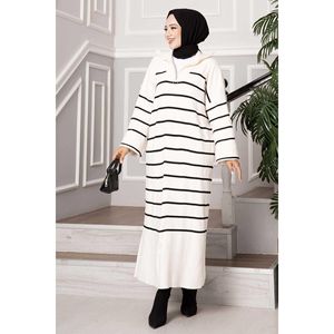Vestido de punto de cuello alto a rayas crudo Casual de lana Bodycon botón hueco decoraciones Simple moda corto para Otoño/Invierno - Product Image 4