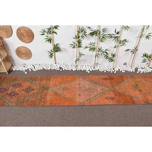 Tapis de couloir vintage 2,7x12,3 pieds, tapis abstrait orange et vert en laine - Product Image 3