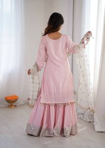 Latest Indian Embroidery Stitched Sharara Gharara <b>Kurti</b> Set Georgette Fabric Red Party Ethnic Wear Reversible Real Mirror - Product Image 2