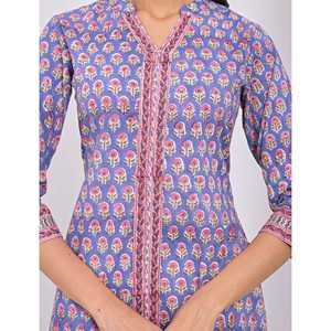 Kurti Azul de Algodón con Estampado de Bloques, Ropa Tradicional India Étnica Cosida para Uso Diario, Fiestas y Ocasiones Especiales, Tela de Red - Product Image 2