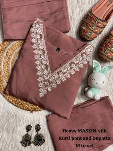 Conjunto de Ropa Étnica Tradicional de Verano para Mujer, Estilo Diwali, Muselina de Seda Natural, Recta y Pesada, Bordada, Kurta, Pantalón y Dupatta, Talla M - Product Image 3