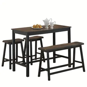 Ensemble de salle à manger 4 pièces à hauteur de comptoir Table en bois rustique avec banc Tabourets de selle Meubles de cuisine à domicile