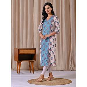 Grey Blue Block Printed Cotton Straight Fit Kurti Casual Style with Natural Waistline Breathable Feature - Product Image 6