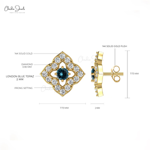 Fabricantes asiáticos Corte brillante Londres Topacio azul Push Back Studs 14K Oro sólido Flor Estilo Mujeres Pendientes Venta al por mayor India - Product Image 5