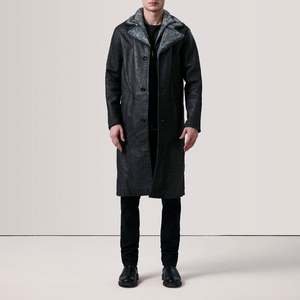 Vintage <b>Men's</b> Distressed Black <b>Shearling</b> Leather Coat Long Overcoat Hooded Collar Button Decoration Soft Wool Filled Autumn - Product Image 2