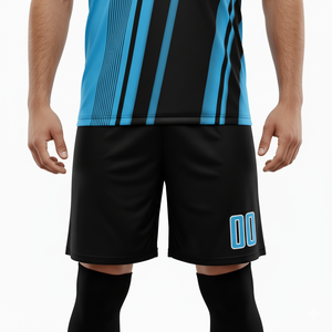 Conjunto de Uniforme de Fútbol Antibacteriano de Alta Calidad con Diseño Diagonal Negro y Azul Claro Personalizado - Camiseta y Pantalones Cortos - Product Image 4