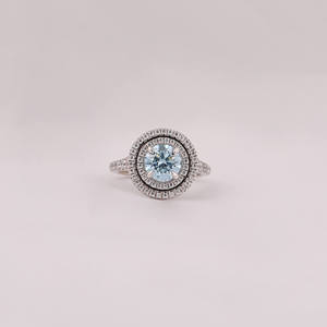 Blue Round Cut Lab Grown Diamond Half <b>Eternity</b> Double Halo Engagement <b>Ring</b> With Tiney Lab Grown Diamond Engagement <b>Ring</b> - Product Image 1