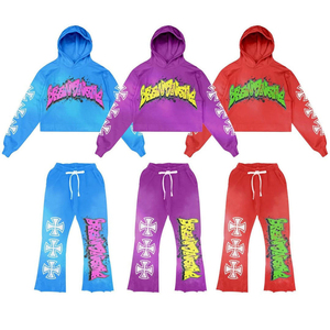 Vente en gros de vêtements de sport pour hommes, sweat à capuche et pantalon évasé à taille élastique, sérigraphie et patch personnalisés, survêtements de travail pour hommes - Product Image 1