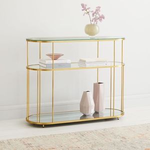 Table console élégante et moderne en métal doré avec dessus en verre, parfaite pour la décoration d'entrée élégante et les intérieurs de luxe. - Product Image 6