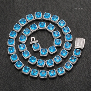 Cadena de tenis de piedras preciosas azules y moissanita de plata 925 de 10mm-Collar DE TENIS agrupado de glaciar azul para hombres, proveedor de joyería India - Product Image 1
