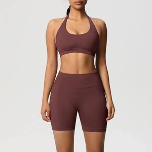 Custom Wholesale Womens Two Piece Yoga Set Front Twist Cutout Bra & High Waist Yoga <b>Shorts</b> Athletic Outfit - Product Image 5