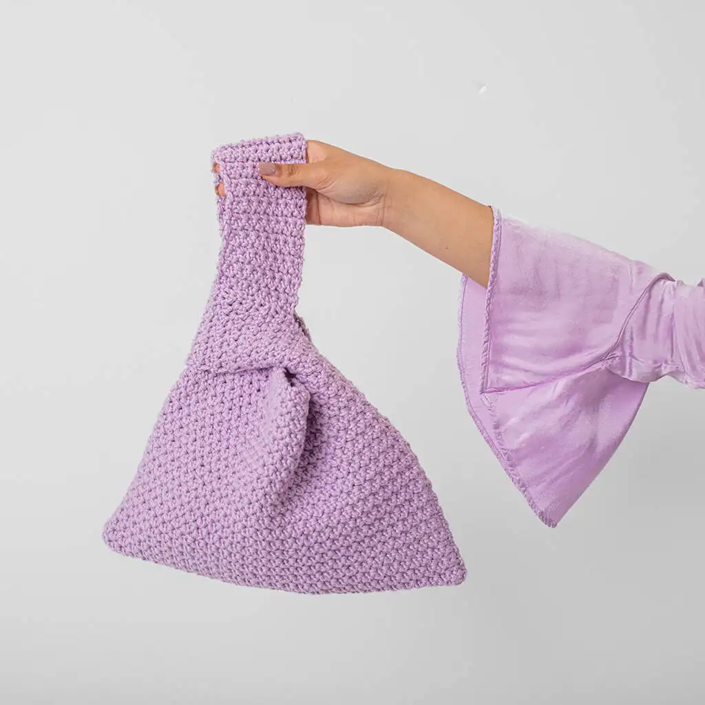 Tas pergelangan tangan wol rajutan dan merenda warna Lavender modis tas simpul Jepang