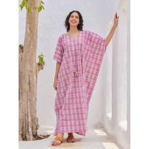 <b>Pink</b> Pineapple Print <b>Kaftan</b> Dress V-Neck Loose Maxi Batwing Sleeve Cover-Up Breathable Woven 100% Polyester 1 Piece - Product Image 6