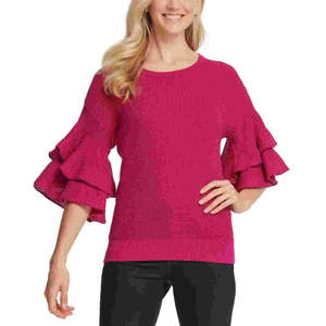 Maglione da donna DKNY fatto a mano, rosa metallizzato, con maniche a balze, taglia XL - Top casual traspirante con logo frontale per l'autunno - Product Image 1
