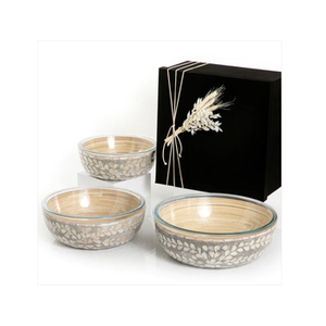 Juego de 2 tazones de cristal con nácar premium, elegantes tazones para servir comida con base de madera, ideales para la cocina y eventos de boda. - Product Image 1