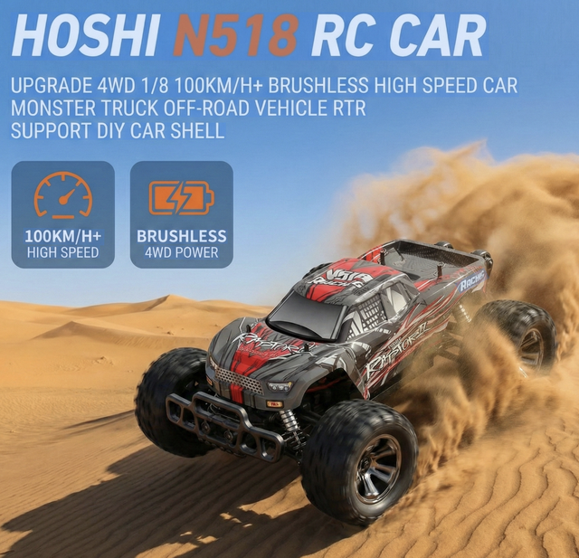 HOSHI N518 1/8 Brushless RC Monster Truck 100km/h High Speed 4WD Off-Road Vehicle 2X Battery Electric Hobby Grade Model RTR
