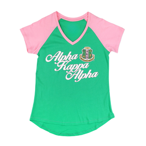 AKA T-Shirt con scollo a V verde 100% in cotone con Glitter stampato lettere greche da donna con scudo anteriore Design personalizzato AKA T-Shirt di abbigliamento - Product Image 1