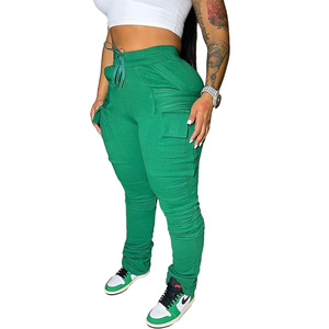 New Casual Ladies <b>Trouser</b> Stacked Joggers Pants With Side Pockets <b>Women</b> Cargo Pants - Product Image 2