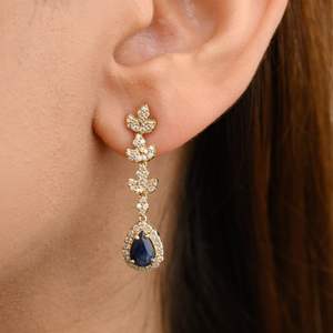 Pendientes colgantes largos de diamantes de zafiro azul Natural 100% más vendidos en oro amarillo sólido de 14K para regalos de fiestas joyería fina - Product Image 4