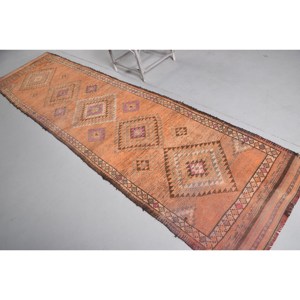 3.1x12.3 ft Turkish <b>Rug</b>, Vintage <b>Runner</b> <b>Rug</b>, Orange Brown Check <b>Rug</b> - Product Image 4