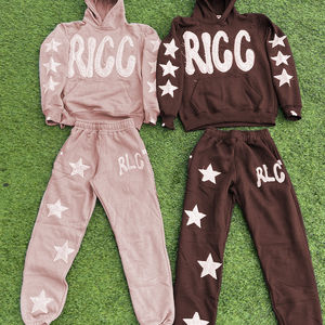 ODM Patchwork Hoodie Sweatpants Set Distress <b>Embroidery</b> Hoodies Set Unisex Distressed French Terry Sweatsuits Manufacturer - Product Image 1