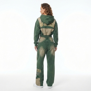 Ensemble survêtement personnalisé pour femme, vert foncé, avec sweat à capuche court zippé et pantalon de jogging large en molleton de coton, vente en gros OEM - Product Image 2