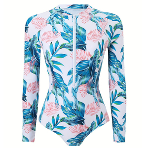 Traje de Baño de Manga Larga con Estampado Floral, Protección UV UPF50+, Protección Solar, Impresión Digital Completa por Sublimación, 1 Pieza, Frente - Product Image 2