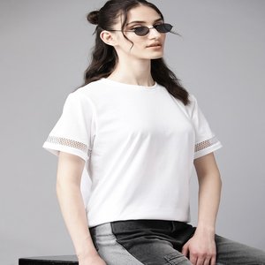 महिलाओं के लिए ठोस रंग गोल गर्दन टी-शर्ट, फीता विस्तार के साथ छोटी आस्तीन स्पैन्डेक्स सामग्री टासल सजावट - Product Image 4