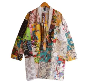 Screen Patchwork Kantha Jacket Unisex Free Size Short Jacket, Boho Front Open Quilted Jacket