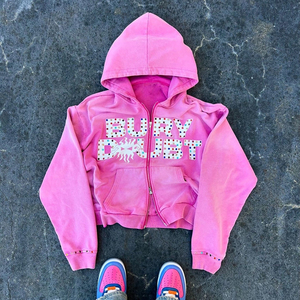 เสื้อฮู้ดผู้ชายผ้าฟลีซซักแบบวินเทจทำจากผ้าฟลีซเทอร์รี่หนาประดับพลอยเทียมคริสตัลหนาสำหรับผู้ชาย - Product Image 1