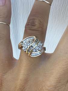 Anillo de cóctel de oro macizo de 14k con diamante natural de 1ct talla baguette, banda ancha, diseño en zigzag, de lujo, certificado, moderno. - Product Image 6