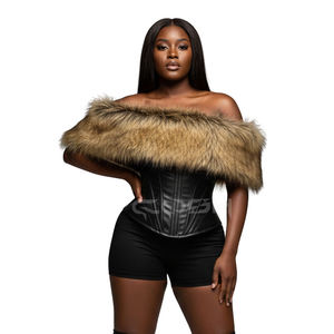 Black Leather <b>Corset</b> With Fur Trim One-Shoulder Asymmetric Steel Boned Bustier Top - Product Image 3