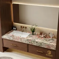 Meuble de salle de bain de luxe en bois massif avec comptoir en granit naturel, miroir LED, armoire de bain sur mesure