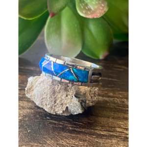 Zuni Handmade Blue Opal & Sterling <b>Silver</b> Gemstone <b>Ring</b> Geometric Design with Rhodium Plating Everyday Wear Cut Pearl Inlay - Product Image 4