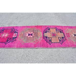 Tapis turc vintage bohème rose et orange 3.3 X 10.4ft grande surface Patchwork Design pour couloir et chambre Latex soutenu pour chevet - Product Image 4