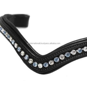 Banda para cejas de caballo de cuero con canal vacío hecho a medida de último diseño con incrustaciones de 1 Fila azul cielo y cristales transparentes Mega Bling Brow Band - Product Image 1